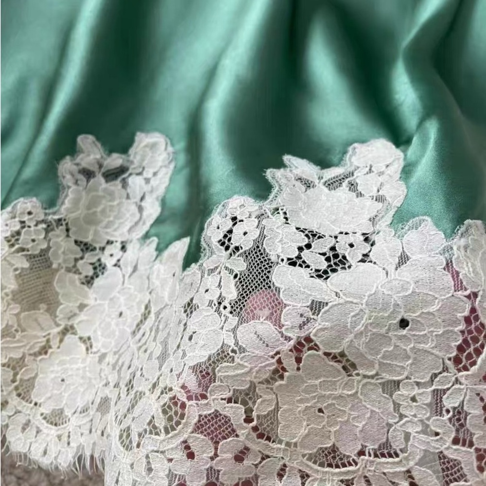 Doen Green Satin Slip Skirt with Cream Lace Hem - Picture 8 of 12